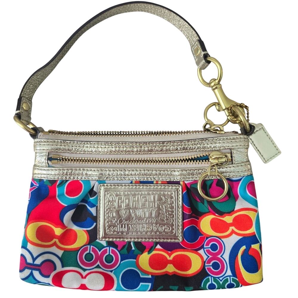 Coach Poppy Glam Op Art Colorful Wristlet Purse‎ Clutch Metallic Gold